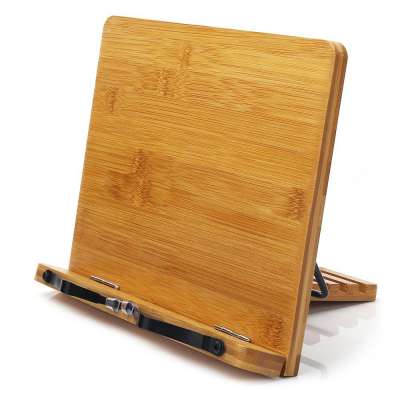 Bamboo Book Stand Adjustable Book Holder Tray and Page Paper Clips-Cookbook Reading Desk Portable Sturdy Lightweight Book